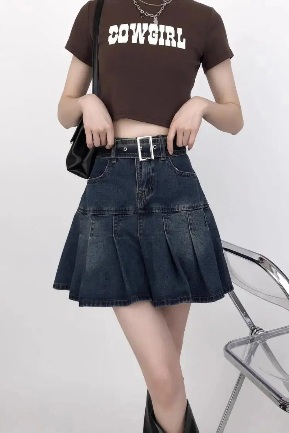 Vintage Pleated Denim Mini Skirt