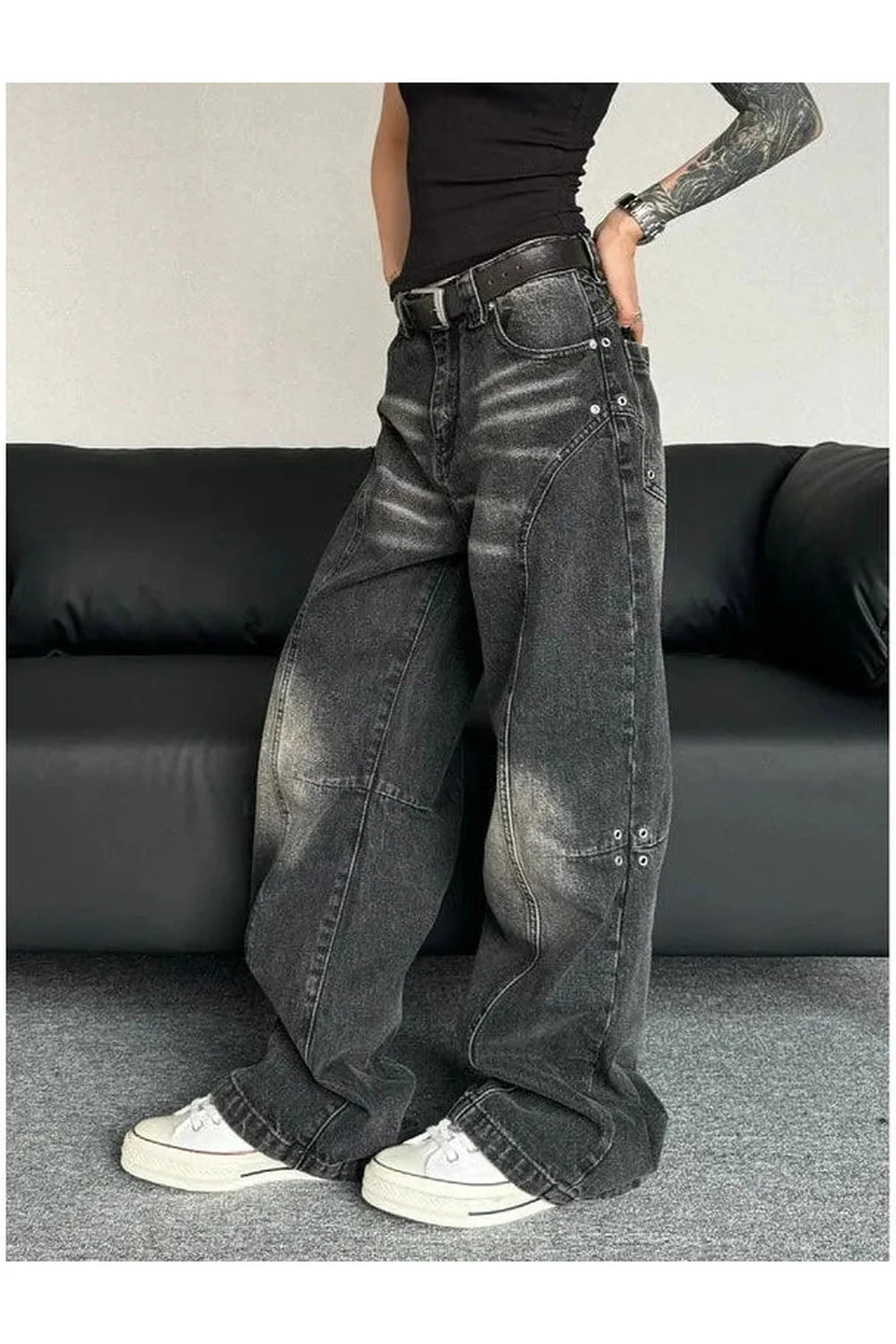 Fall Washed Black Wide-Leg Jeans