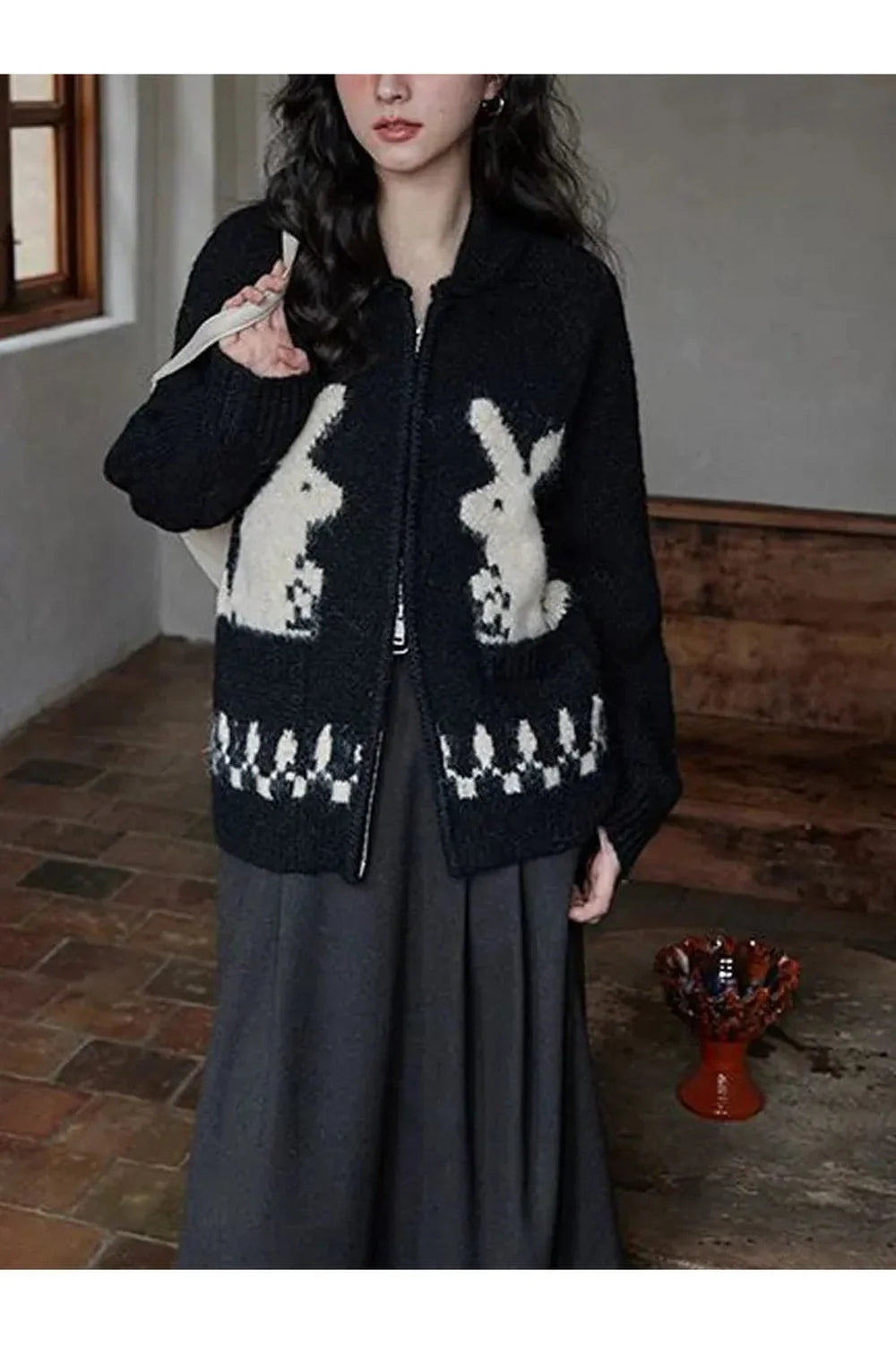 Cardigan zippé à motif lapin fantaisiste d'automne