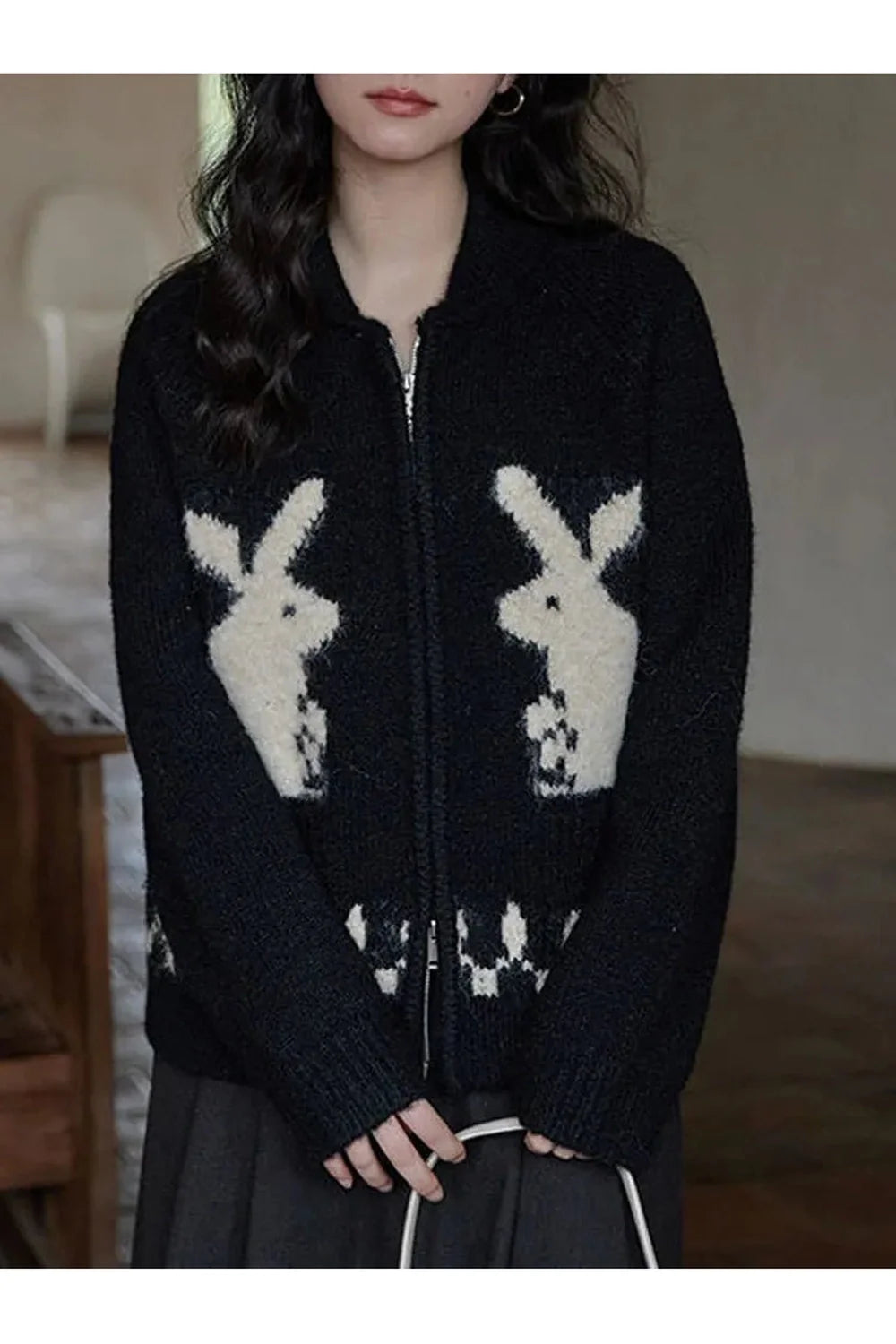 Cardigan zippé à motif lapin fantaisiste d'automne