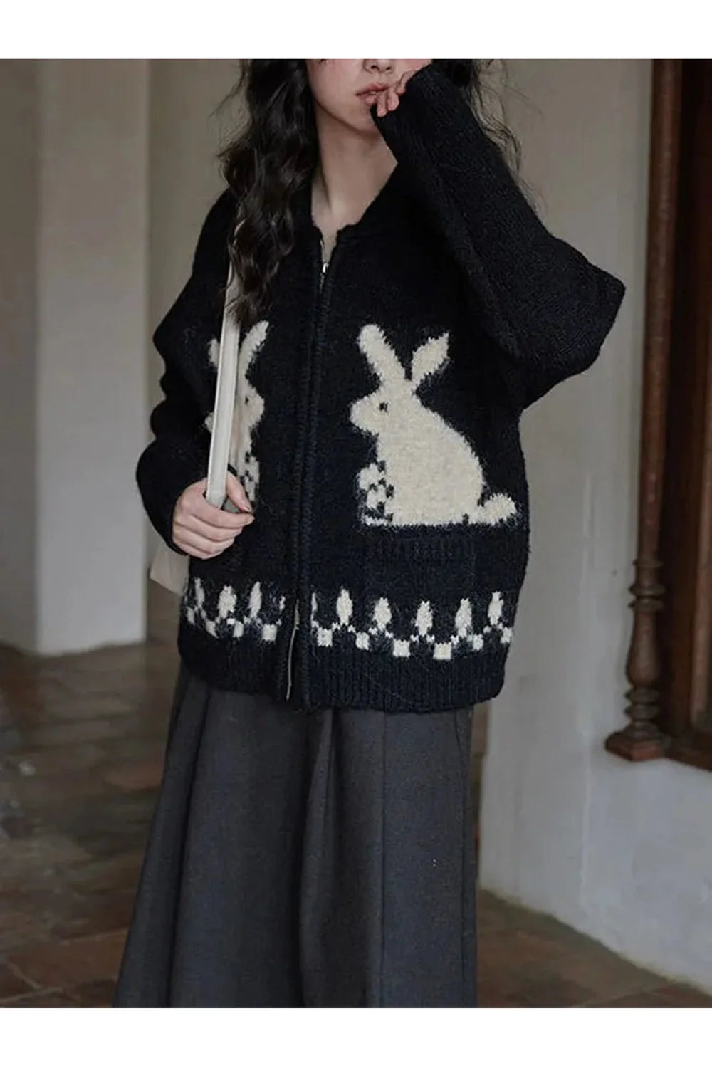 Cardigan zippé à motif lapin fantaisiste d'automne