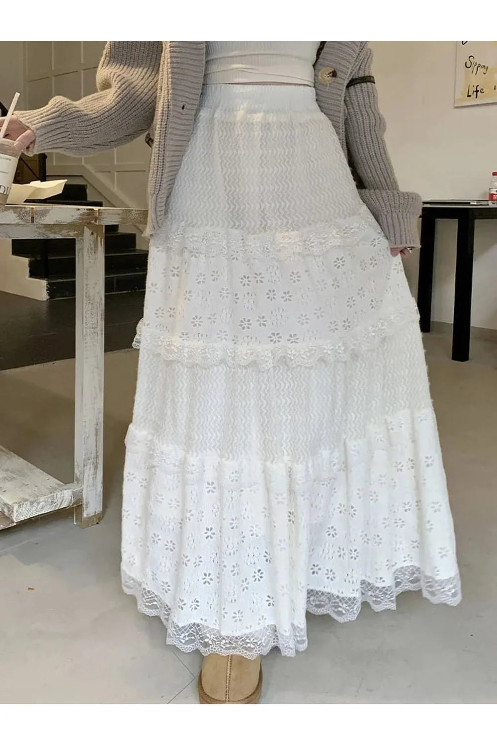 White Long Lace Skirt