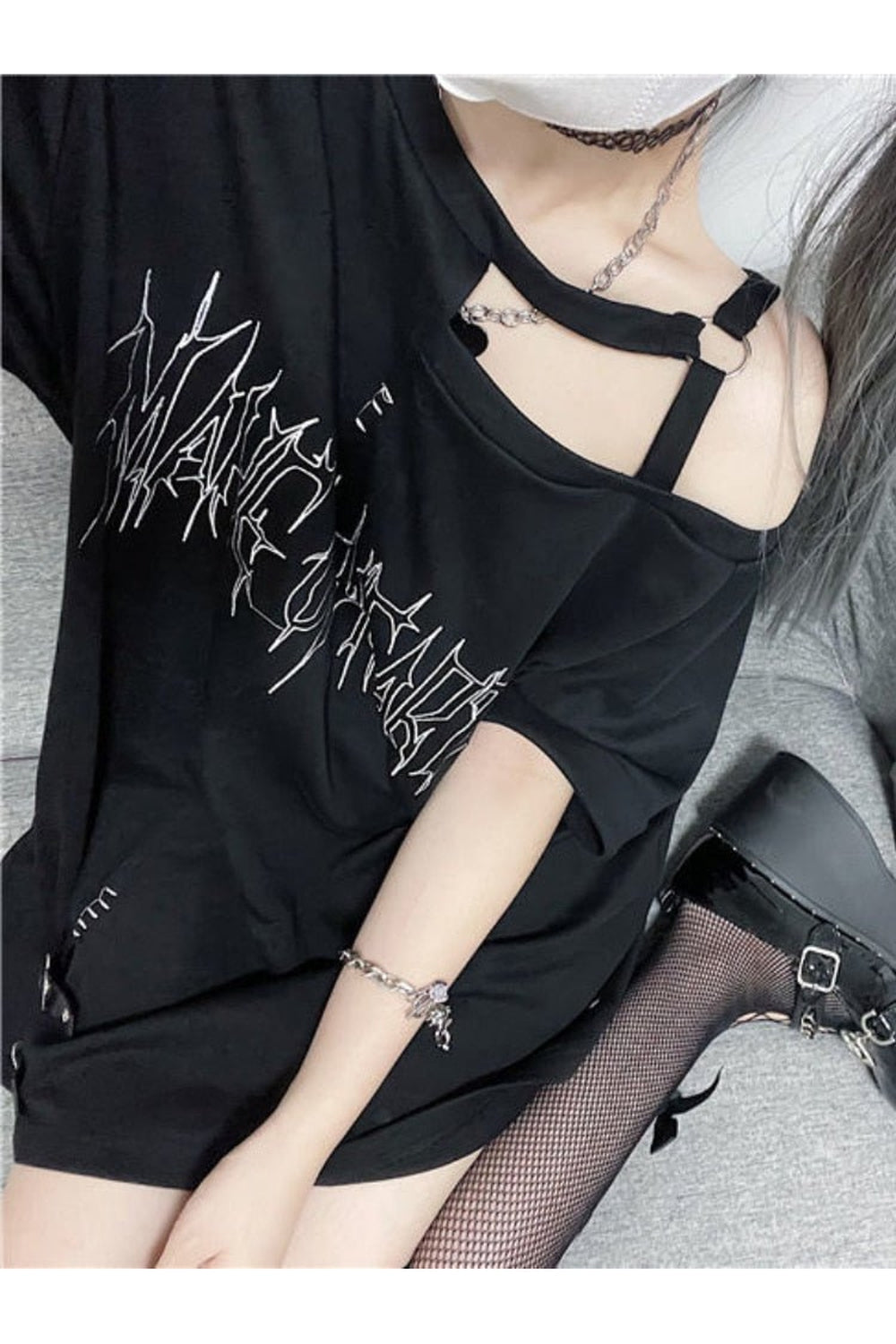 Y2k Mädchen-Punk-T-Shirt mit Buchstaben-Print und schulterfreiem Schnitt
